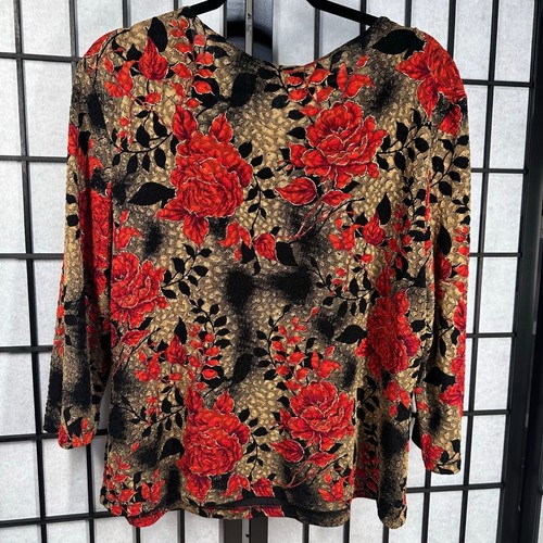Camicetta donna nera Bretagna 2X floreale manica lunga top rosso e nero elasticizzato - Foto 3 di 7