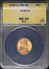 1938 Lincoln Wheat Cent ANACS MS-66 RD