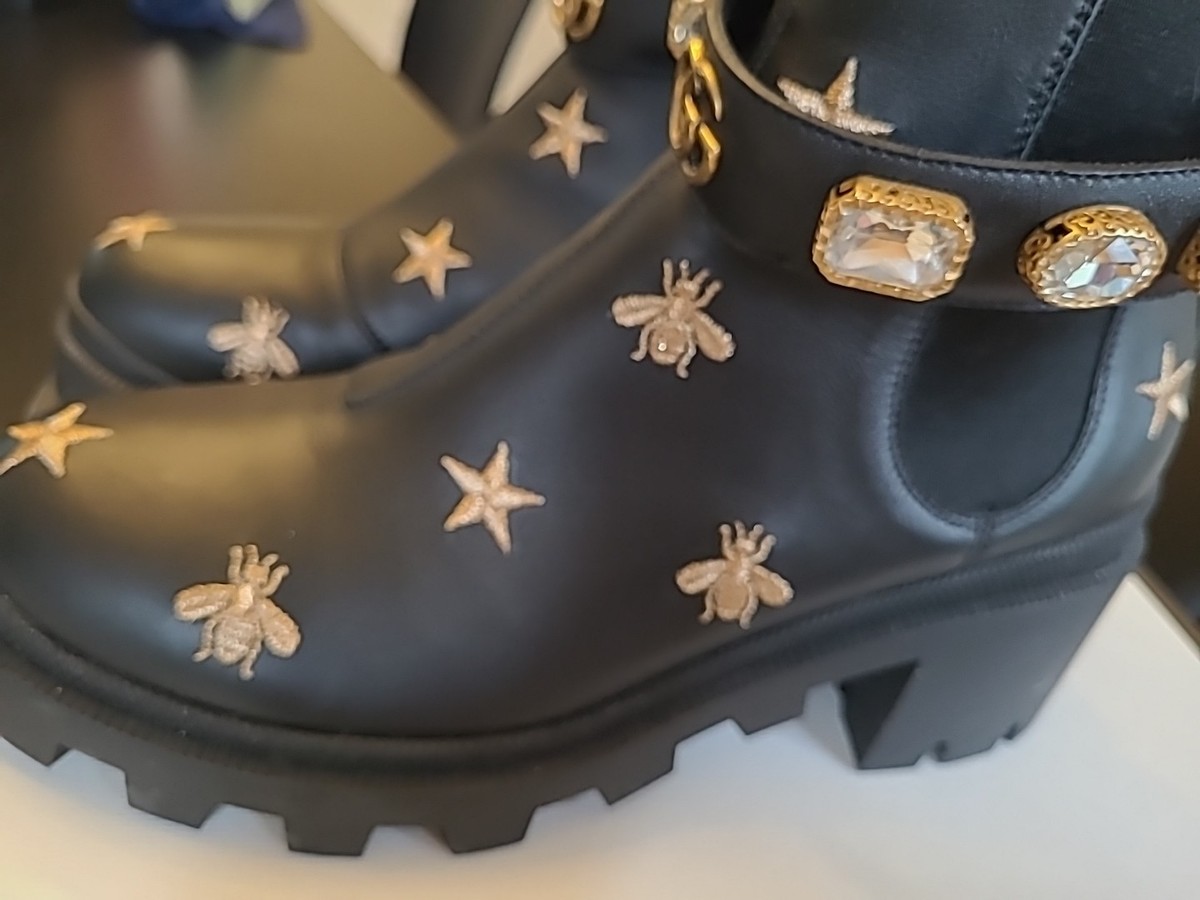 Gucci Womens Black Lthr Ankle Boots Gold Embroidered Stars Bees Sz