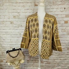 NWT Chico's Size 2 L/12 Tan Beaded Embroidered 3/4 Sleeve Linen Blend Jacket