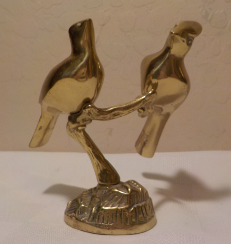 Vintage MCM Pair of Solid Brass Cardinal Birds on Branch. 6in tall