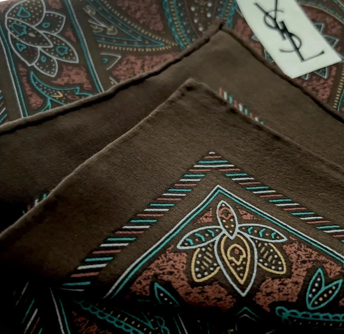 Authentic YSL 100% silk scarf, brown paisley 34
