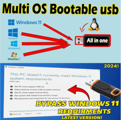 32 GB Bootable Windows 11/10/8/7 USB for Reinstall   ּBypass + Tools Ships FAST