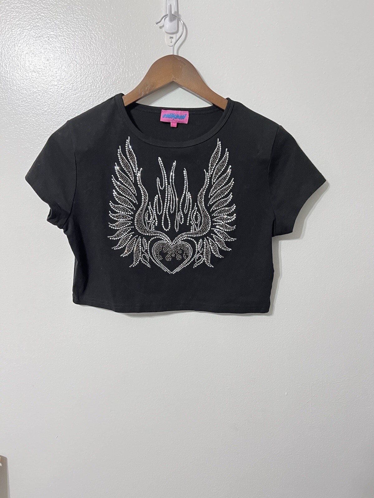 90s Style Baby Tee Black Crop Top Large Whimsygoth Angel Wings Bling Y2K