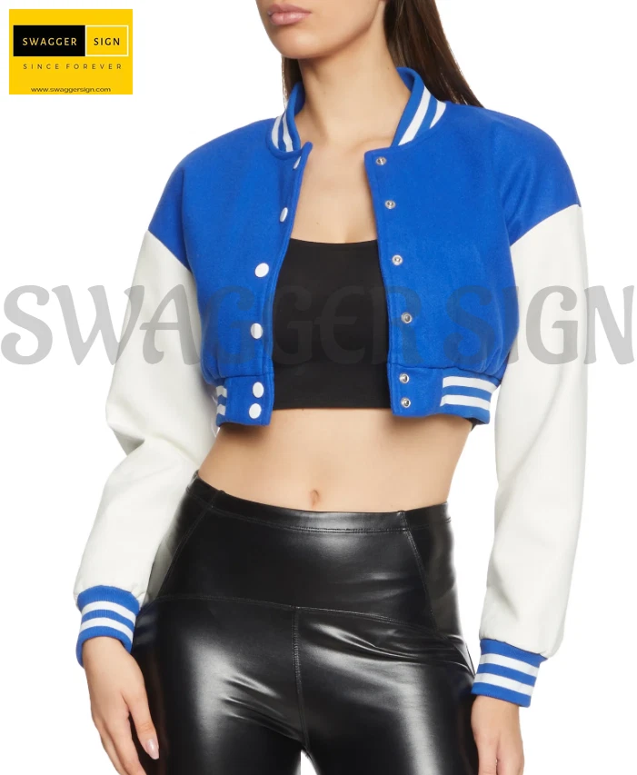 WHITE LEATHER SLEEVES & ROYAL BLUE WOOL BODY VARSITY JACKET-WOMEN