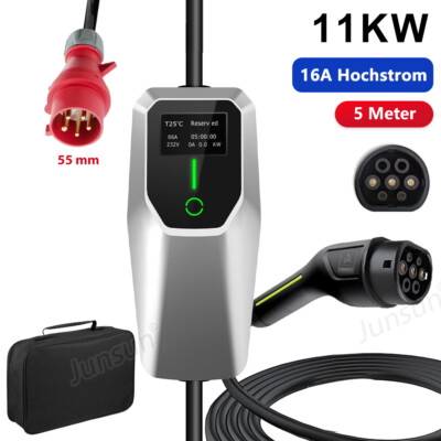 Mobile Wallbox EV Ladegerät 11kW Typ 2 5m Ladekabel 16A CEE 400V für Elektroauto