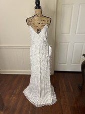 Mac Duggal Cascading Sequin Dress White & Silver Long Size 10