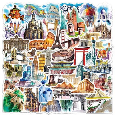 50pcs Architecture Stickers, History Monument Buildings Cultural Symbols 202