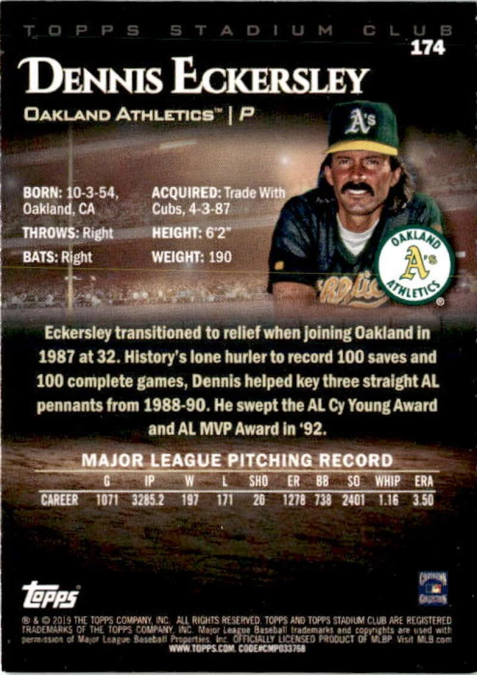2019 Topps Stadium Club Black Foil #174 DENNIS ECKERSLEY  Oakland Athletics  - Image 2 of 2