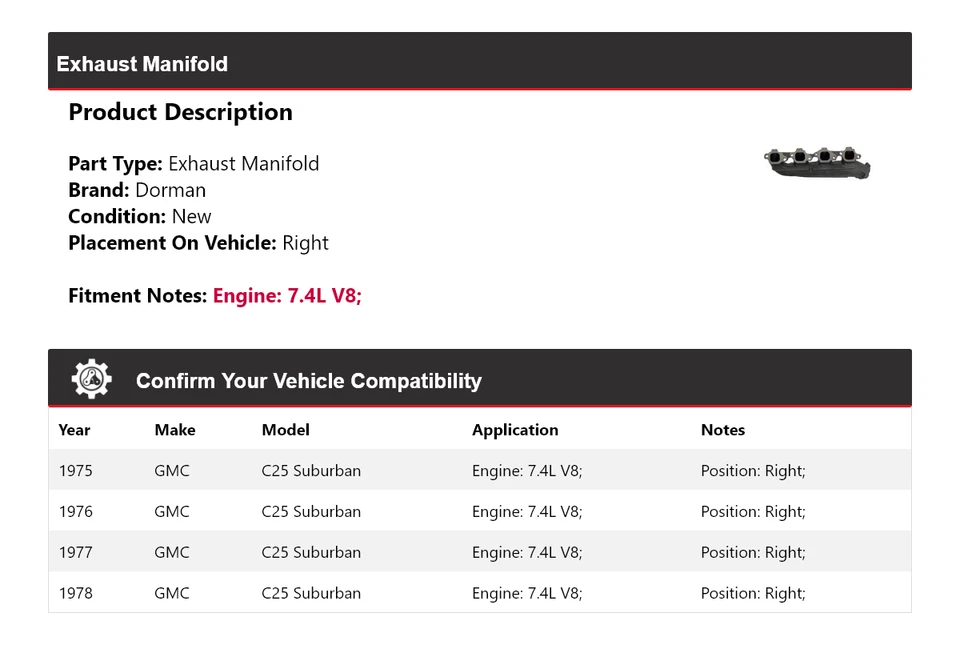 Colector de escape derecho para GMC C25 Suburban 1975-1978 7,4 L V8 Dorman 1976 1977 Foto 2 de 4