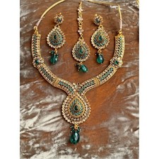 Gold-Tone Emerald Teardrop Necklace & Earring Maang Tikka Set Indian Wedding