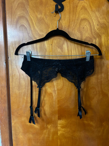 Vintage Victoria's Secret Black Satin & Lace Garter Belt Size L