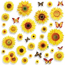 100 Pcs Sunflower Window Wall Stickers with 3D Butterfly, 14 Inch Vinyl Windo...