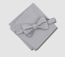 Alfani E2815 Men's Gray Pre-Tied Silk Bow Tie  Pocket Square Set 12 X 12
