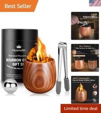 Whiskey Glass Set Charred Wooden 10oz with Stones Tongs Unique Gift for Men
