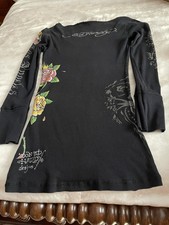 Vestido Suéter Ed Hardy Med Tigers Blood Rose Los Angeles Negro Años 90 Y2K Mini