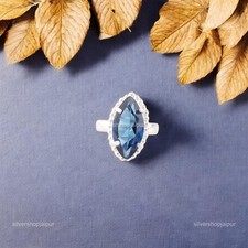 925 Solid Silver London Blue Topaz Gemstone Cocktail Wife Statement Ring Jewelry