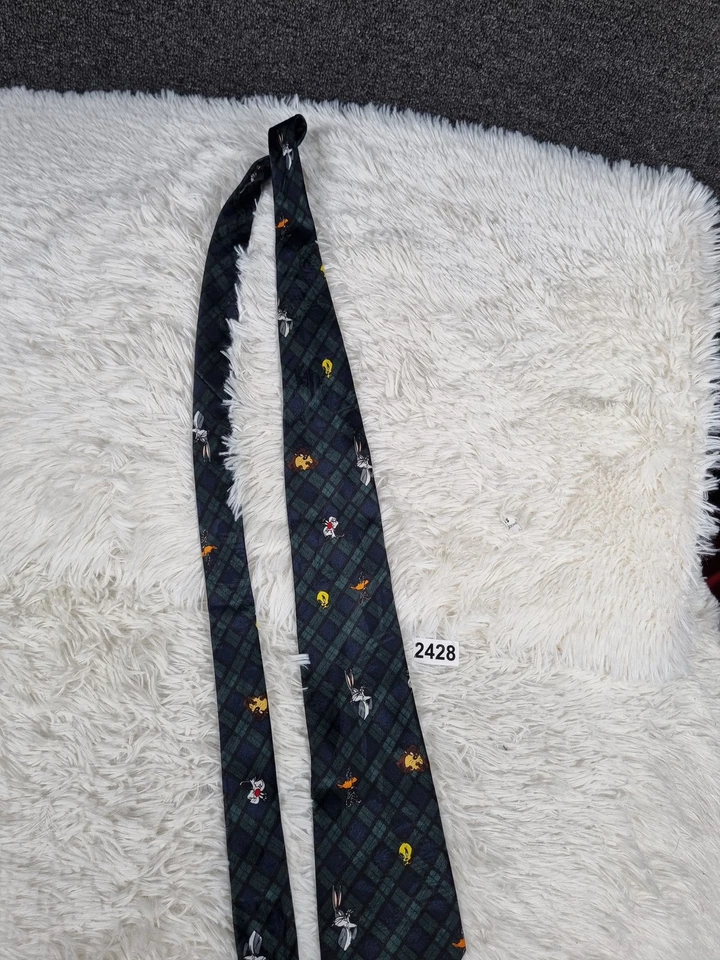 Vintage Looney Tunes Mania Tie Mens Bugs Bunny Tweety Daffy Plaid Fun 1994 90s - Image 2 of 4