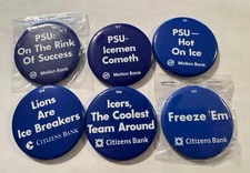 SIX VINTAGE PENN STATE MELLON AND CITIZENS BANKS' SLOGAN ICE HOCKEY  BUTTONS