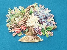 Oblat Błyszczący Złom Cięty Chromo KOLOROWY KOSZ NA KWIATY Z GNIAZDEM PTAKA około 1880
