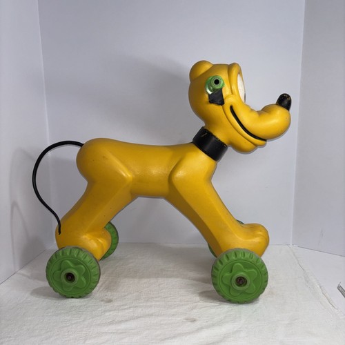 Vintage Disney Pluto Pull Toy Ride On Green Wheels Retro Collectible blow mold
