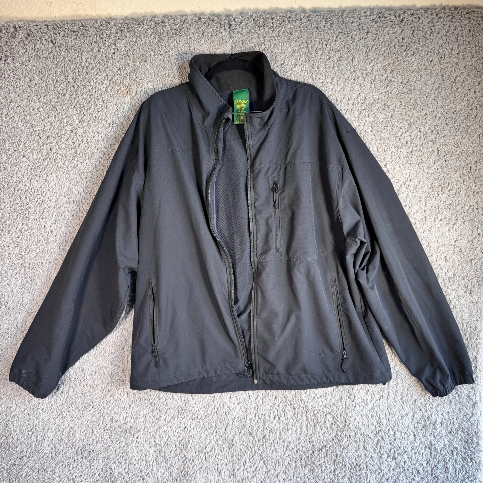 Cabelas Black Windbreaker Jacket Mens Stretch Zip Up Anorak Zippered Pockets