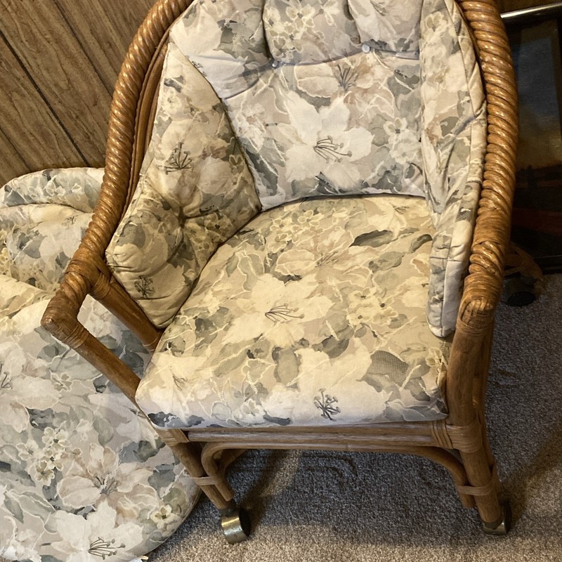 Rattan/Wicker Accent Chairs (2) w/ Arms, Upholstered Floral Fabric Cushions 