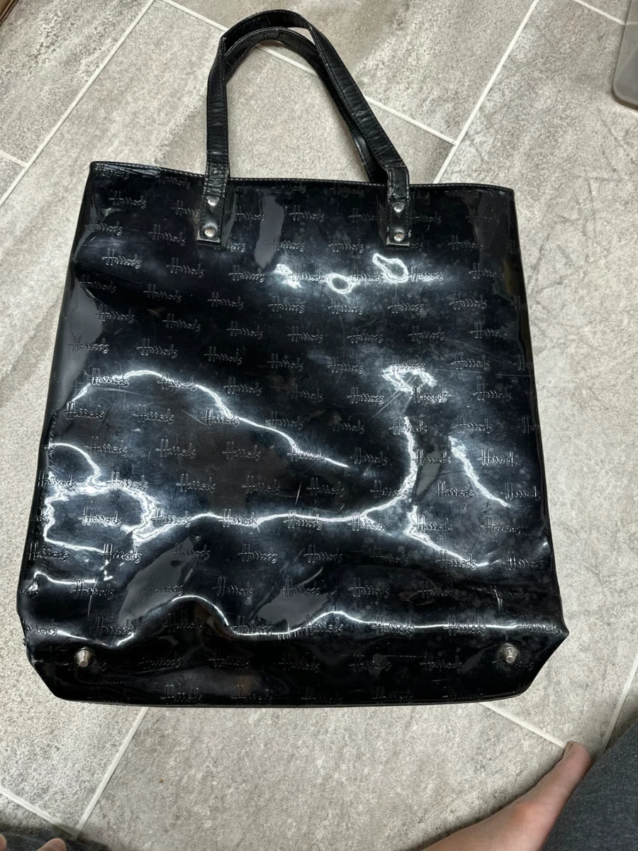 Sac Fourre-Tout Vintage Harrods Noir Plastique Brillant - Fermeture Éclair, Occasion