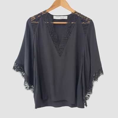 IRO ''HAWLK'' Black Silk V-Neck Lace Detail Flare Sleeve Blouse Sz EU34 ($516)