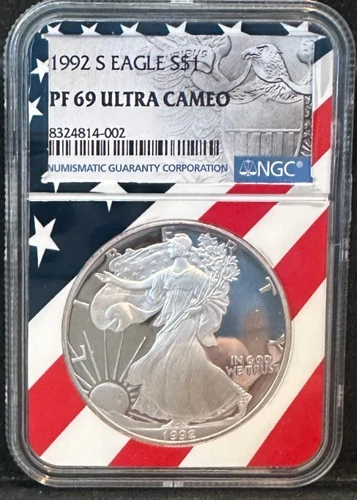 1992 S Proof $1 American Silver Eagle NGC PF69UC Flag Core