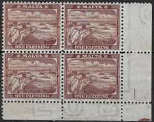 MALTA 1899-1901. 1/4d. WATERMARK SIDEWAYS-REVERSED MNH CORNER BLOCK SG31x (B916)
