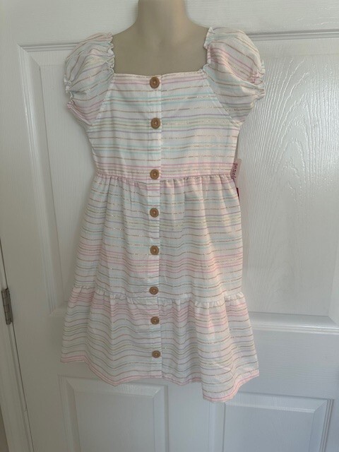 Penelope Mack 6X Girls White Dress With Colorful Sparkle Lines  NWT