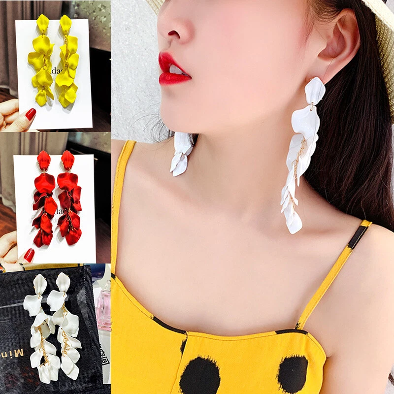 Rose Petal Earrings Plastic Long Tassel Dangle Pendant Earrings