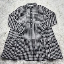 LOFT Women's M Black Ivory Gingham Plaid Tiered Button Front Dress Cottagecore
