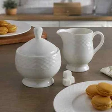 NEW Mikasa Trellis Sugar and Creamer 2 Pcs Set Bone China White New