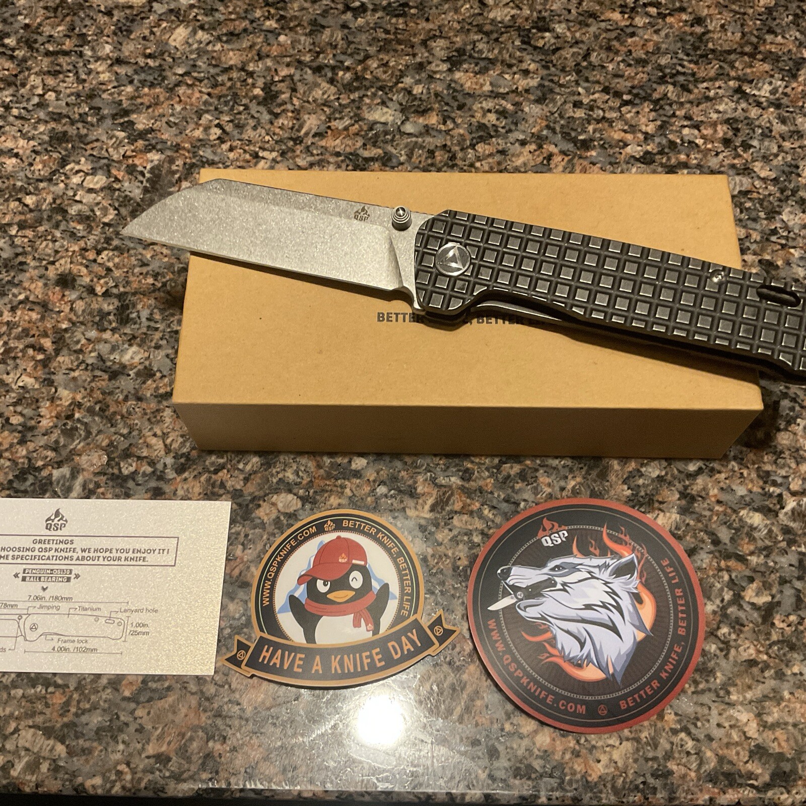 NEW QSP Penguin BLACK Frag Titanium Frame Lock 154CM Sheepsfoot QS130-NFRG Knife