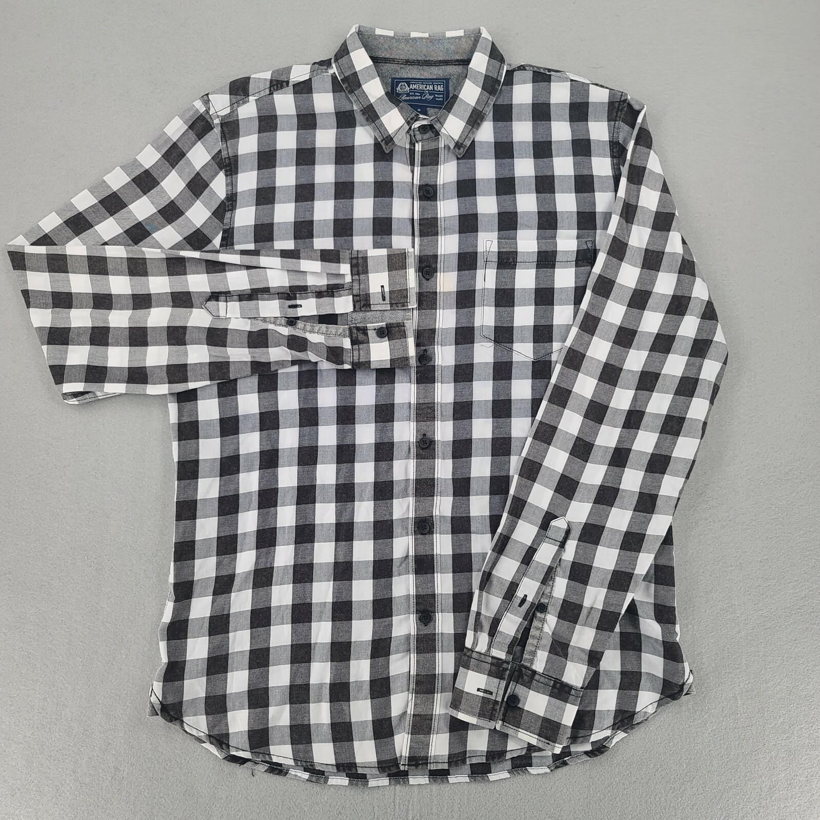 American Rag Button Up Shirt M Mens Regular Long Sleeve Black White Big Plaid