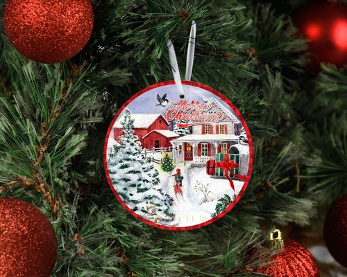 Merry Christmas Farmhouse Round Ceramic Christmas Ornament - Picture 3 of 3