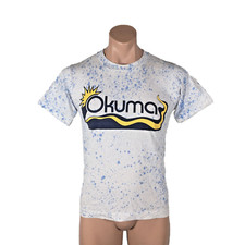 Vintage 90s OKUMA white blue all over print t-shirt Small USA MADE Fishing Reels