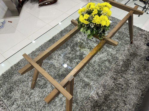 Modern 12 x Seater Glass Dinig Table with Wood Frame 2250mm x 850mm x 750mm VGC - Picture 17 of 19