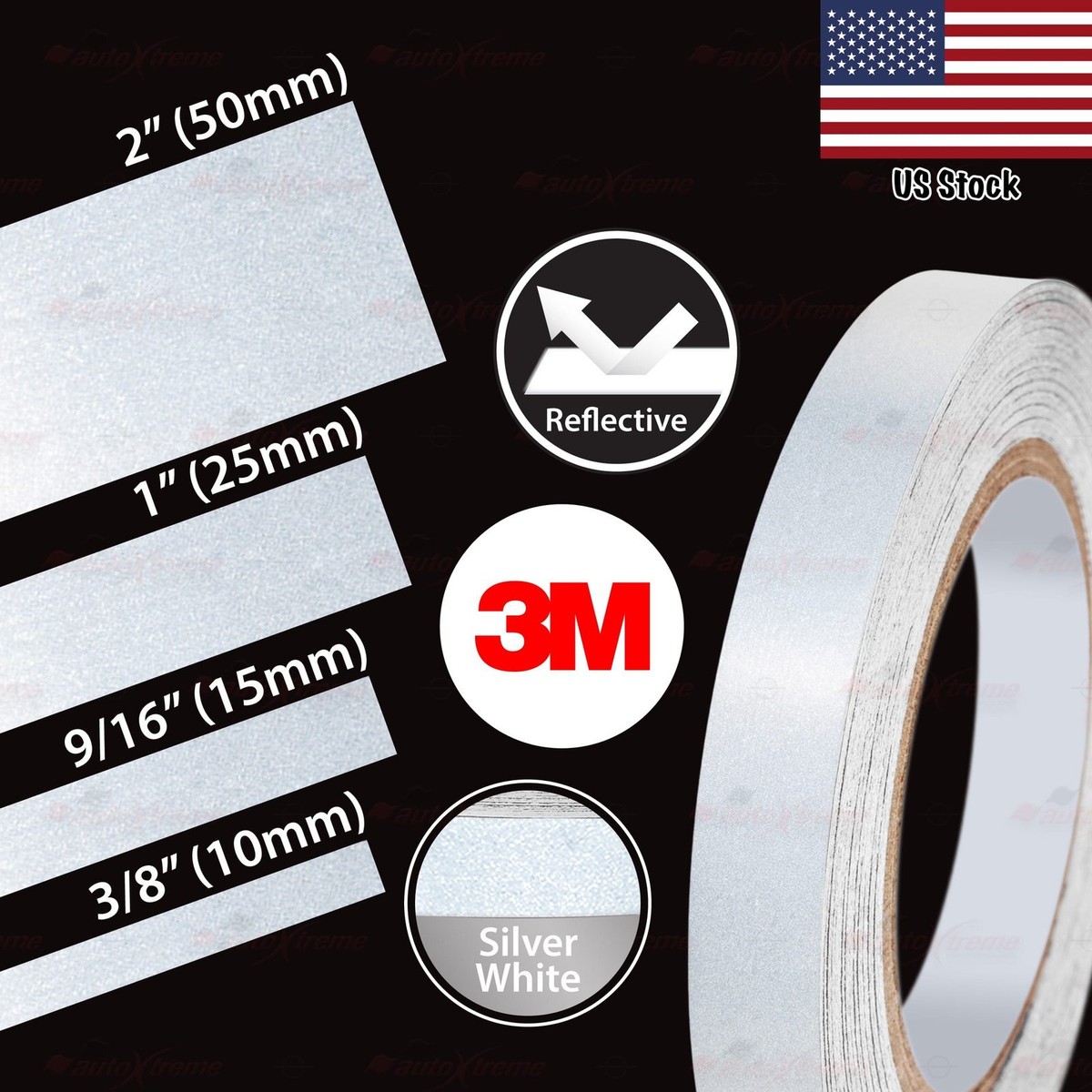 3M Reflective Adhesive Stripe Tape – Silver White, 3/8, 9/16, 1, 2 Inch Widths, 65ft / 147ft