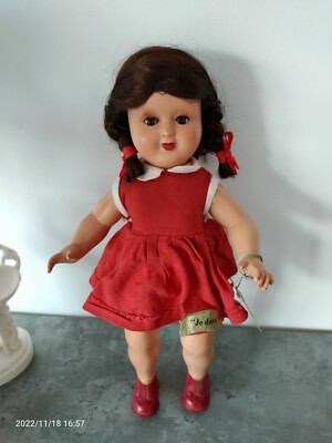 POUPÉE GÉGÉ ANCIENNE Brune Yeux Bleus 38 cm + 2 Paires Chaussures Gégé