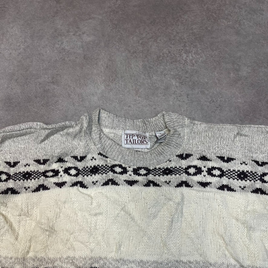 Vintage Knitted Jumper Mens Small Crew Neck Patterned Knit Sweater, White image 7