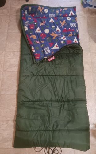 Coleman Kids Sleeping Bag Green Wooded Forest Hunting Flannel Lined 58x25 Zipped