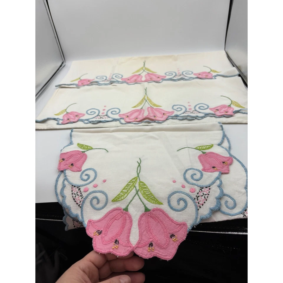 LOTE 2 fundas de almohada vintage bordadas colección servilletas paños de té idea de regalo Foto 3 de 4