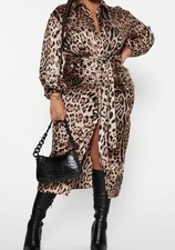 Midi Dress 1X NWT Leopard Animal Print Satin Ruched Feminine Chic Plus Sz Classy