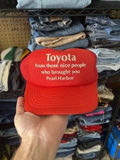 VINTAGE 80s 90s Toyota Machinery USA Red SnapBack Trucker Hat Pearl Harbor Joke