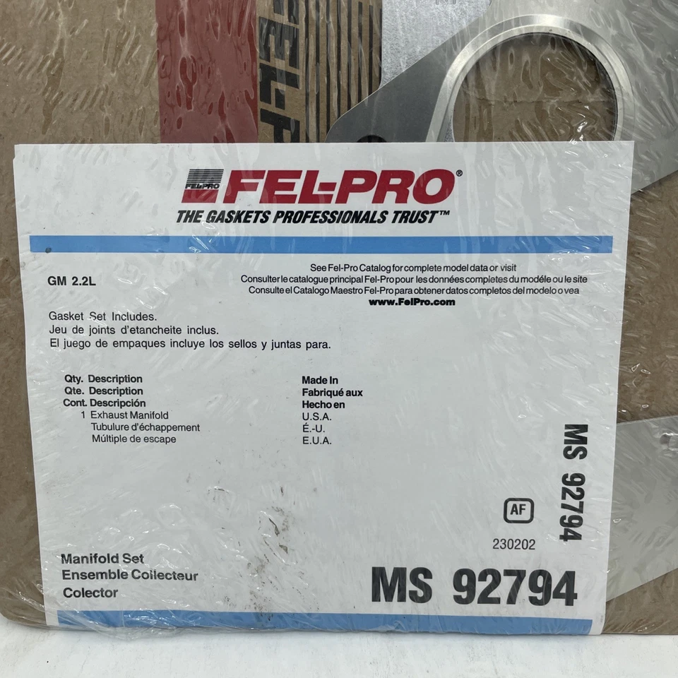 MS92794 Juego de juntas de colector de escape Felpro para camioneta Chevy S10 GMC Sonoma Foto 2 de 4