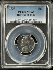 1939 5C Reverse Of 1940 Jefferson Nickel PCGS MS66   83423742