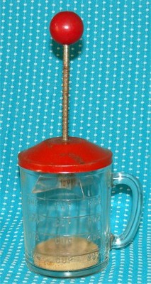 Vtg Anchor Hocking Nut Chopper Handled Glass 1 Cup Measurements Red Wood Knob